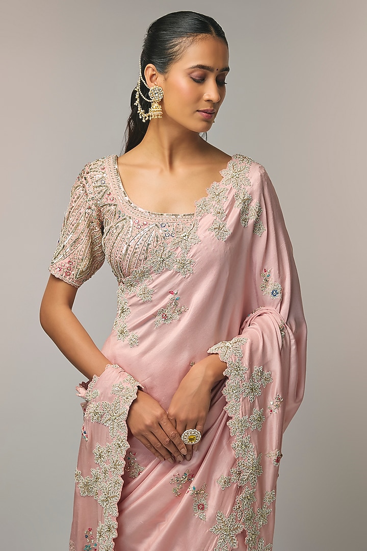 Soft Berry Mulberry Silk Zardosi Handcrafted Reception Saree Set by OSAA By Adarsh at Pernia's Pop Up Shop