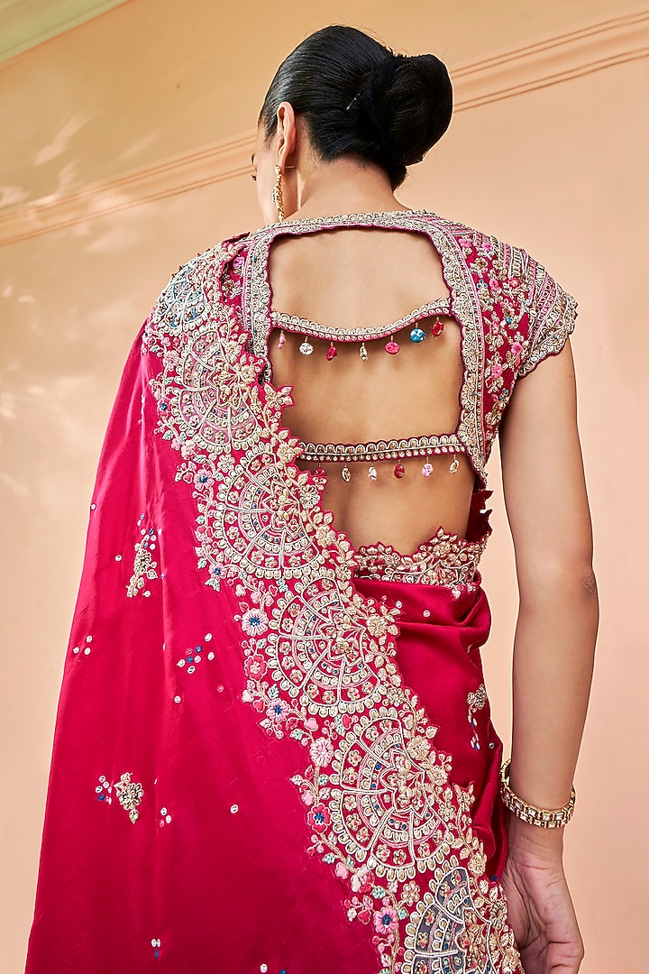 Cut Ruby Mulberry Silk Zardosi & Aari Embroidered Reception Saree Set by Osaa By Adarsh at Pernia's Pop Up Shop