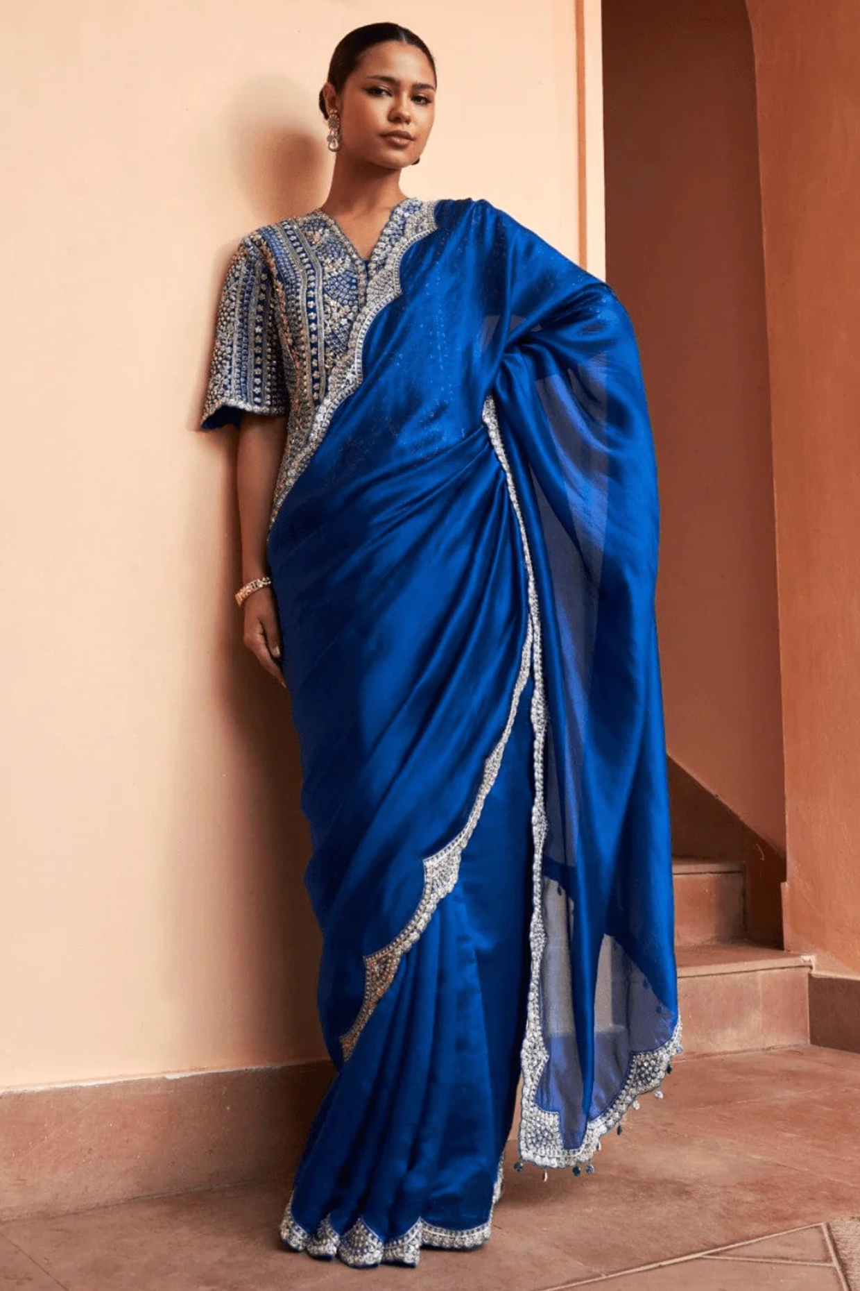 Jade Blue Mulberry Silk Scalloped Wedding Saree Set by OSAA By Adarsh at Pernia's Pop Up Shop