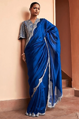 Jade Blue Mulberry Silk Scalloped Saree Set by OSAA By Adarsh