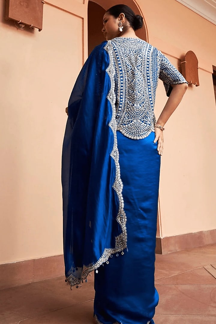 Jade Blue Mulberry Silk Scalloped Wedding Saree Set by OSAA By Adarsh at Pernia's Pop Up Shop