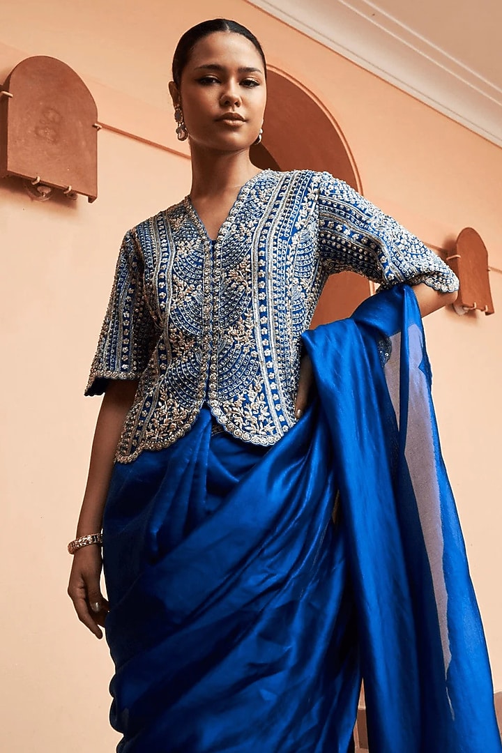 Jade Blue Mulberry Silk Scalloped Wedding Saree Set by OSAA By Adarsh at Pernia's Pop Up Shop
