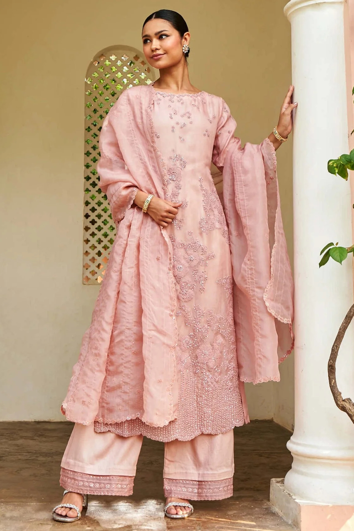 Dusty Pink Organza Aari Embroidered Kurta Set by OSAA By Adarsh at Pernia's Pop Up Shop