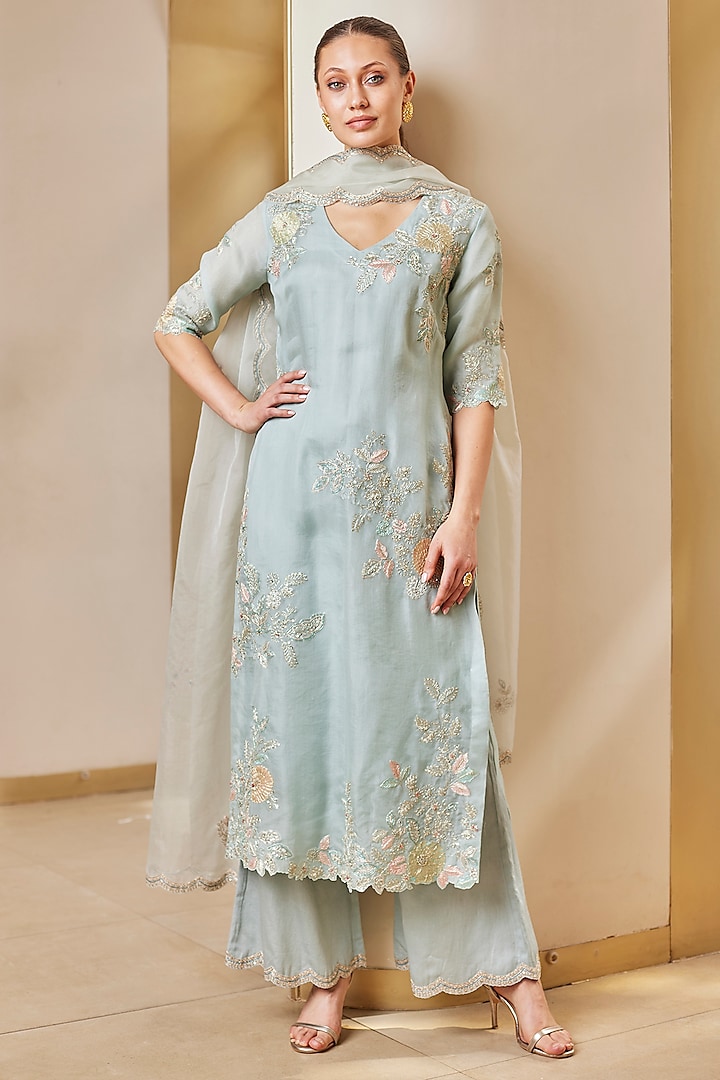 Teal Organza Zardosi Hand Embroidered Kurta Set by Osaa By Adarsh