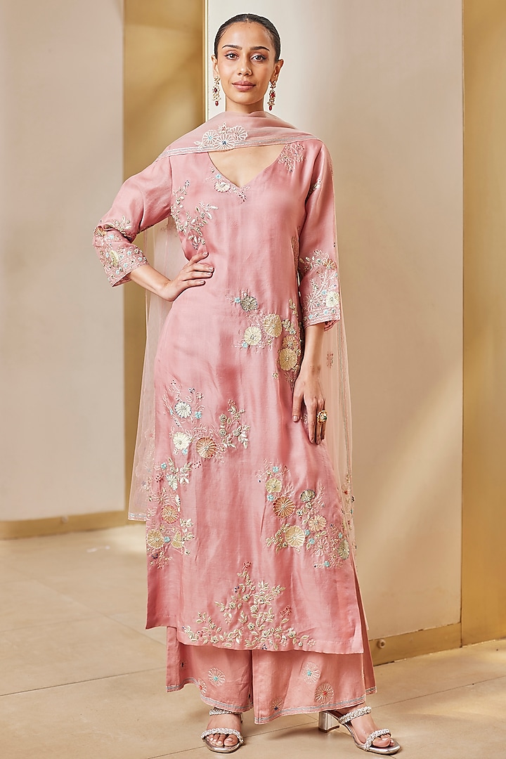 Soft Berry Organza Zardosi Hand Embroidered Kurta Set by Osaa By Adarsh