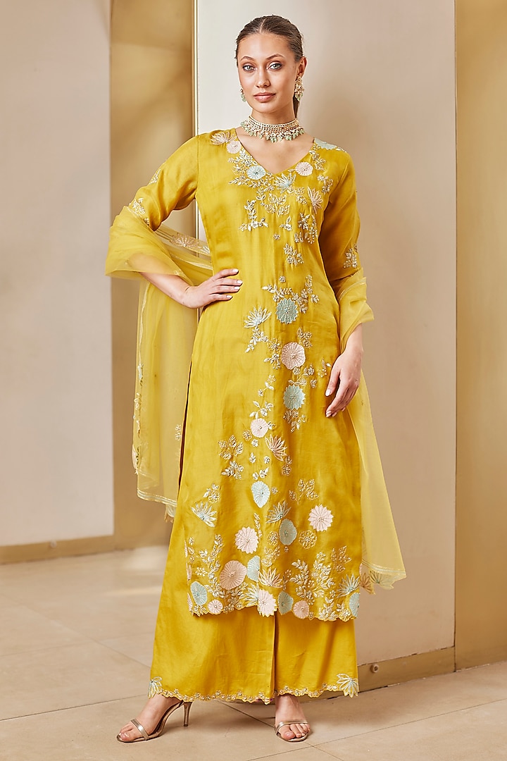 Honey Gold Organza Zardosi Hand Embroidered Kurta Set by Osaa By Adarsh