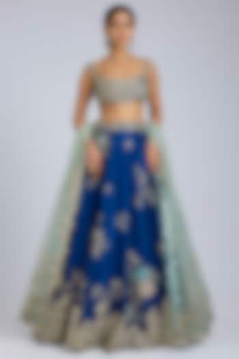 Jade Blue Mulberry Silk Zardosi Handcrafted Bridal Lehenga Set by OSAA By Adarsh at Pernia's Pop Up Shop