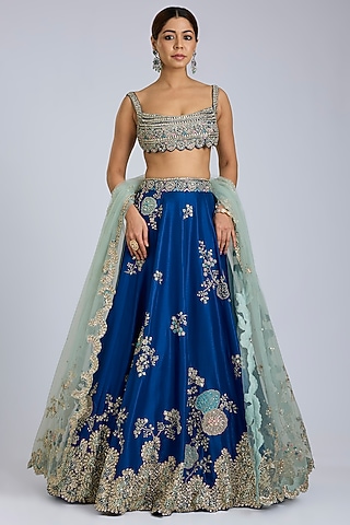Jade Blue Mulberry Silk Zardosi Handcrafted Lehenga Set by OSAA By Adarsh