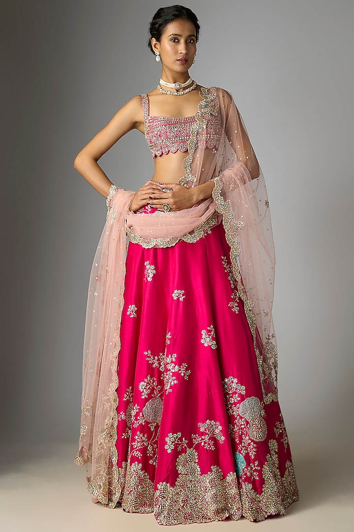 Dark Fuchsia Organza Embroidered Bridal Lehenga Set by OSAA By Adarsh at Pernia's Pop Up Shop