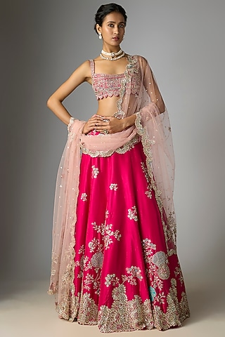 Dark Fuchsia Organza Embroidered Lehenga Set by OSAA By Adarsh