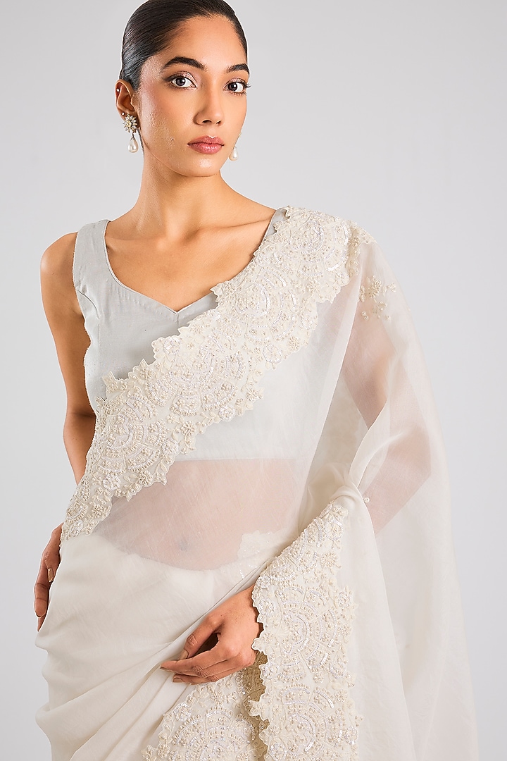 White Organza Reception Saree Set by OSAA By Adarsh at Pernia's Pop Up Shop