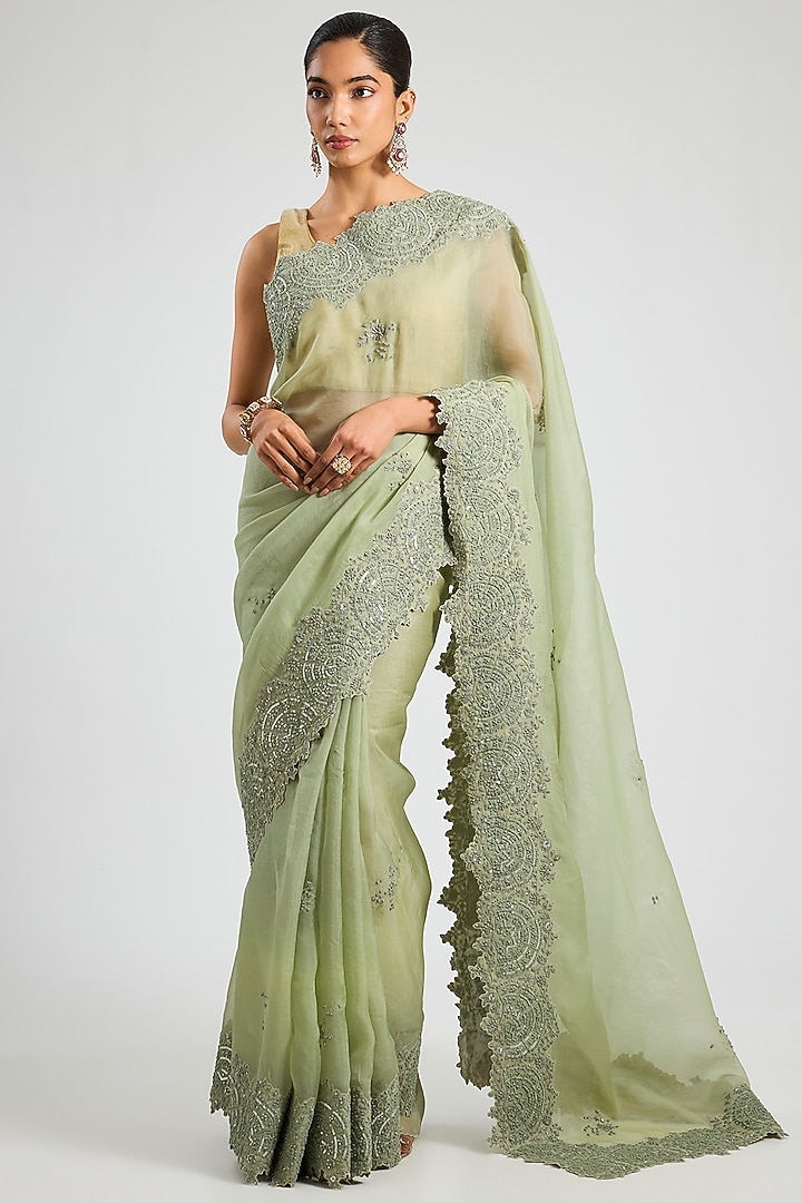 Sage Green Organza Embroidered Reception Saree Set by OSAA By Adarsh at Pernia's Pop Up Shop
