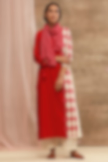 Red Embroidered Kurta With Striped Dupatta by Vaayu