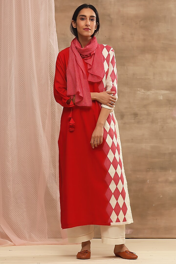Red Embroidered Kurta With Striped Dupatta by Vaayu