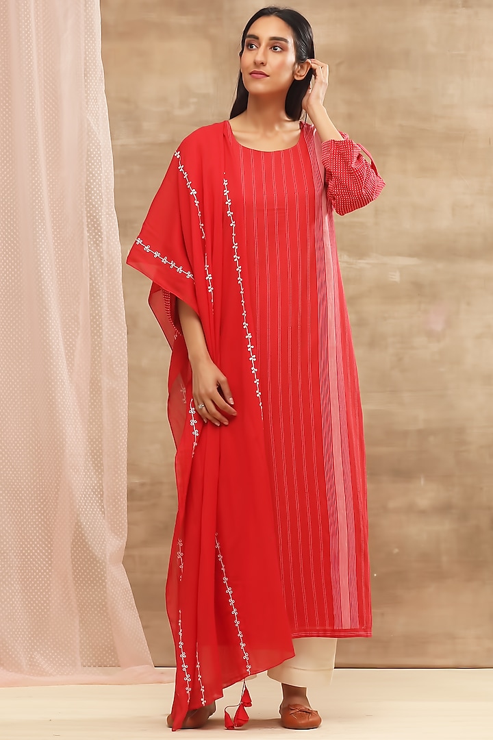 Red Striped Kurta With Embroidered Dupatta by Vaayu