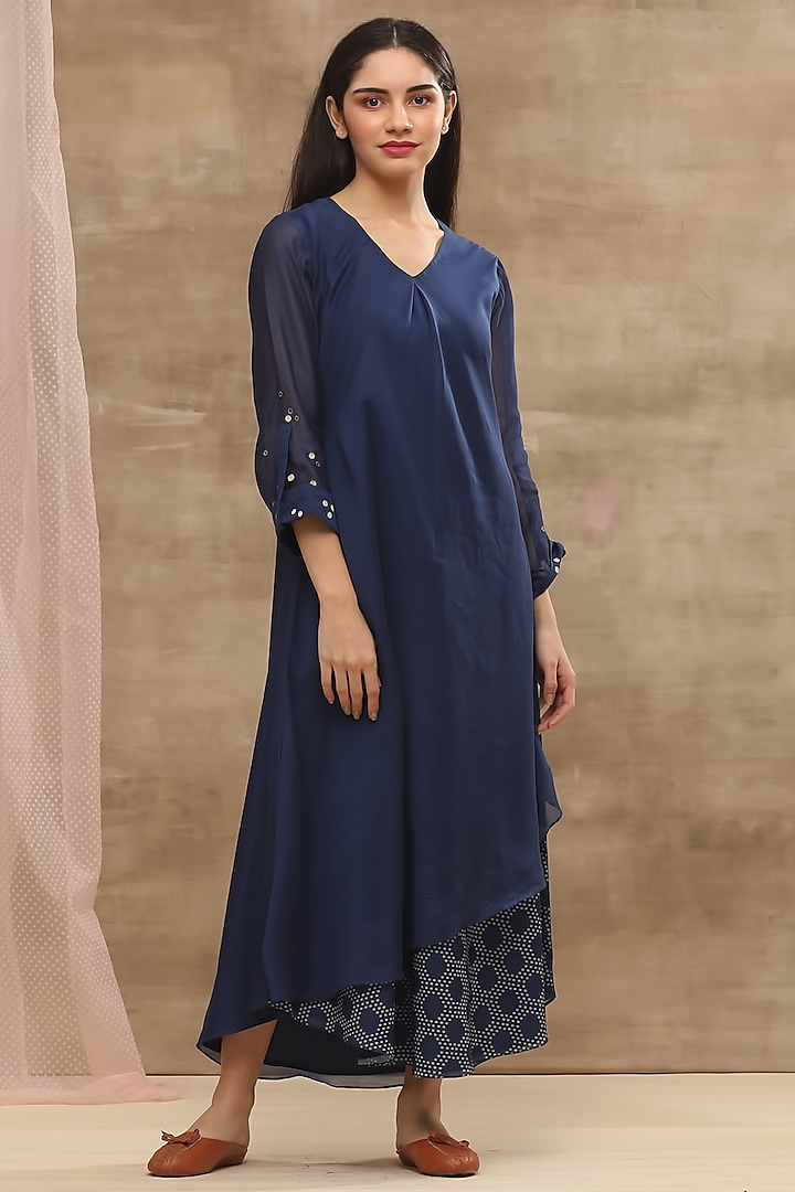 Blue Printed & Embroidered Dress by Vaayu