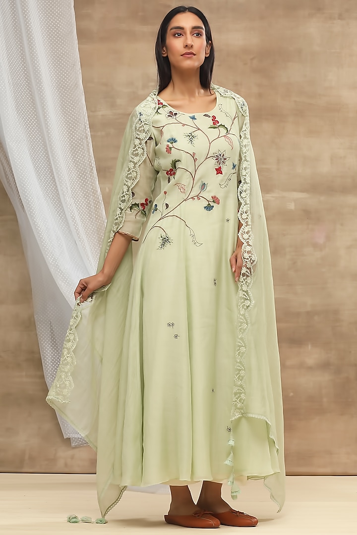 Mint Green Embroidered Anarkali With Dupatta by Vaayu