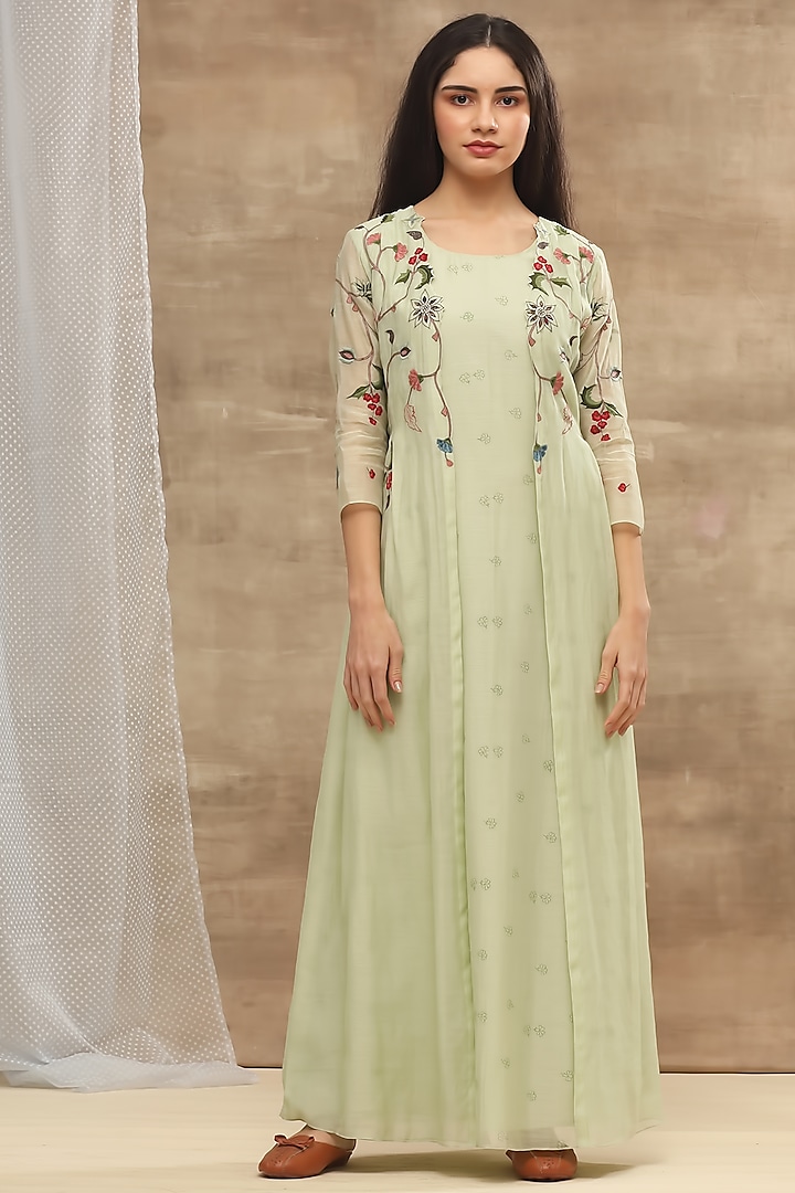 Mint Green Thread Embroidered Jacket by Vaayu