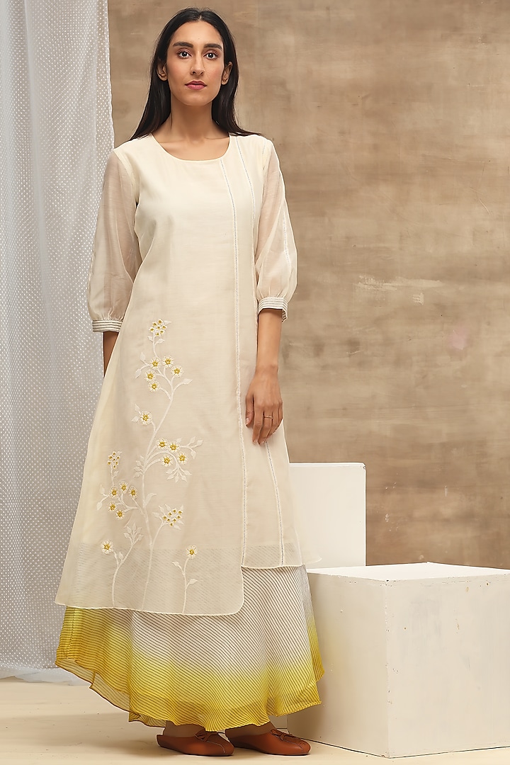 Ivory & Yellow Embroidered Ombre Dress by Vaayu