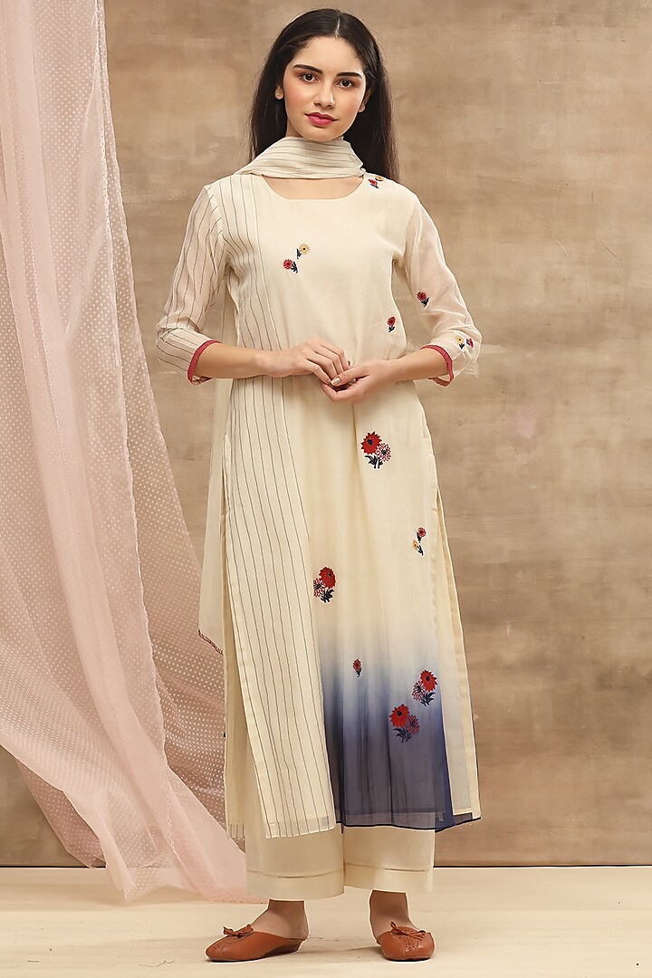 Ivory Embroidered Handwoven Kurta With Dupatta by Vaayu