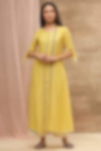 Lemon Yellow Asymmetric Embroidered Dress by Vaayu