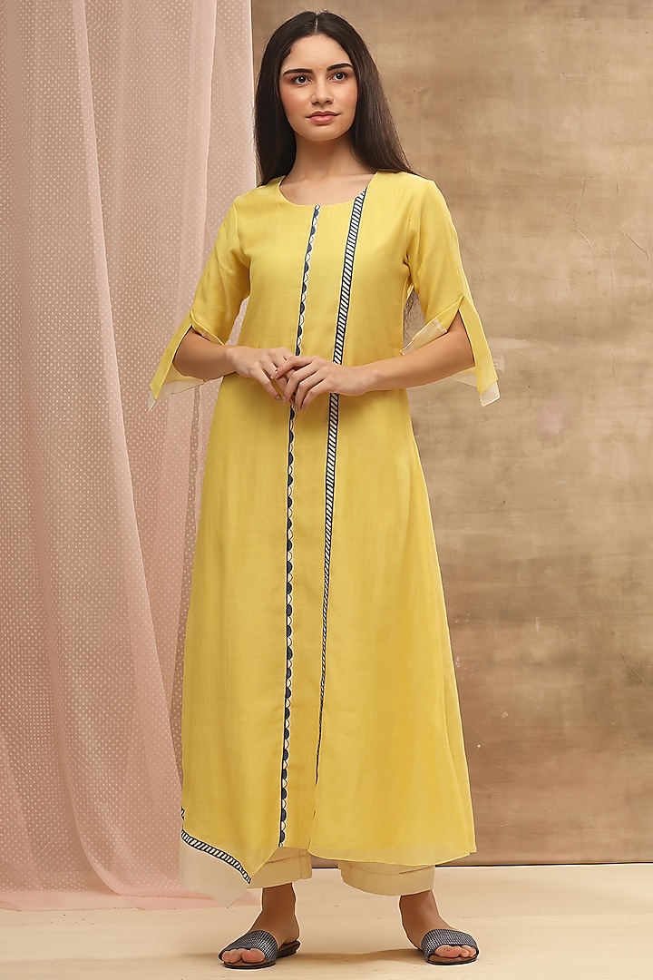 Lemon Yellow Asymmetric Embroidered Dress by Vaayu