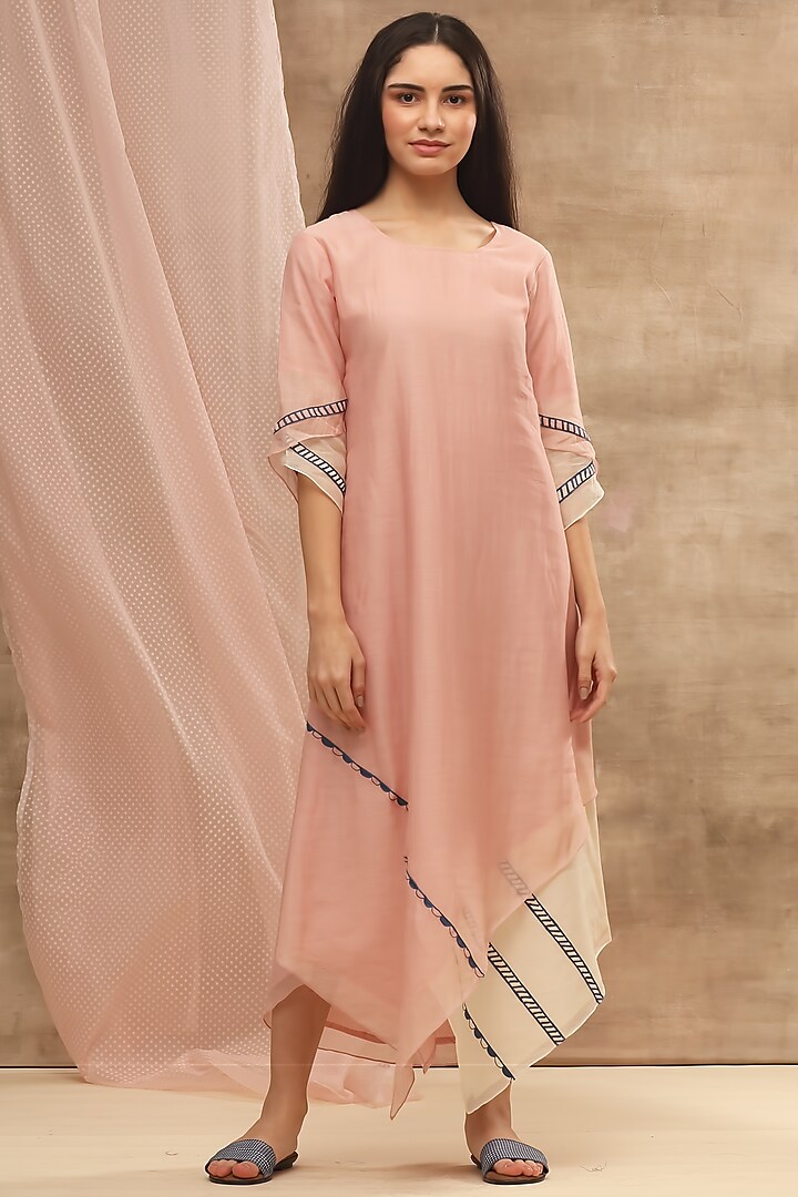 Blush Pink Asymmetric Embroidered Dress by Vaayu