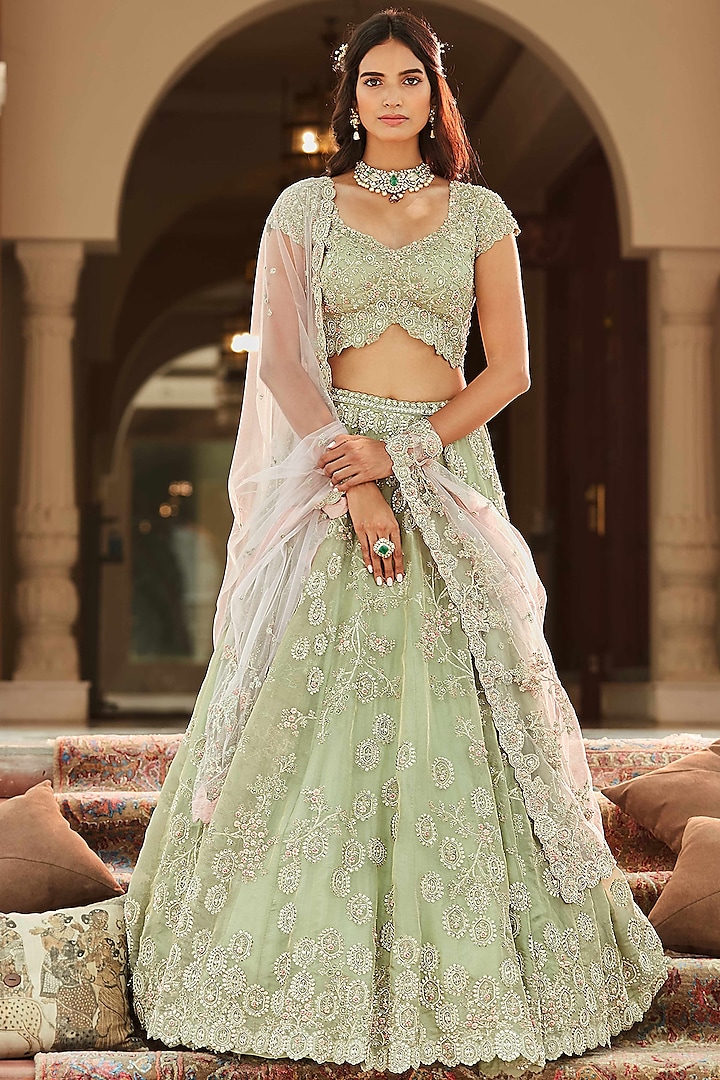 Frost Blue Hand Embroidered Lehenga Set by OSAA By Adarsh
