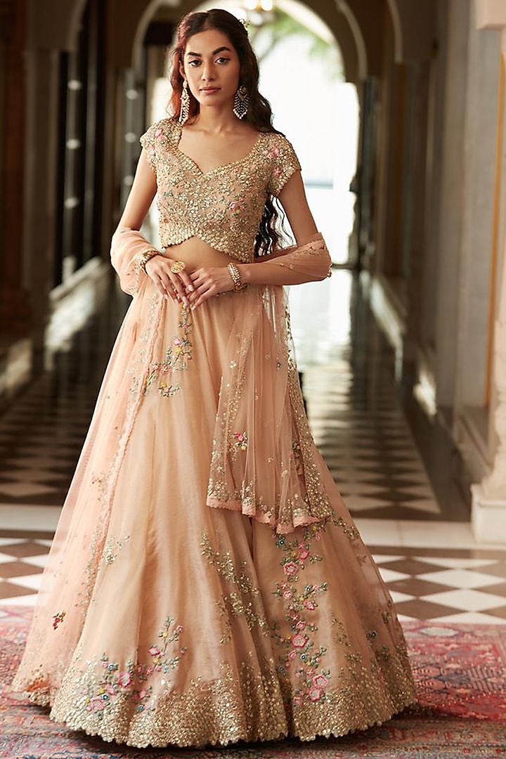 Sepia Rose Floral Hand Embroidered Lehenga Set by OSAA By Adarsh
