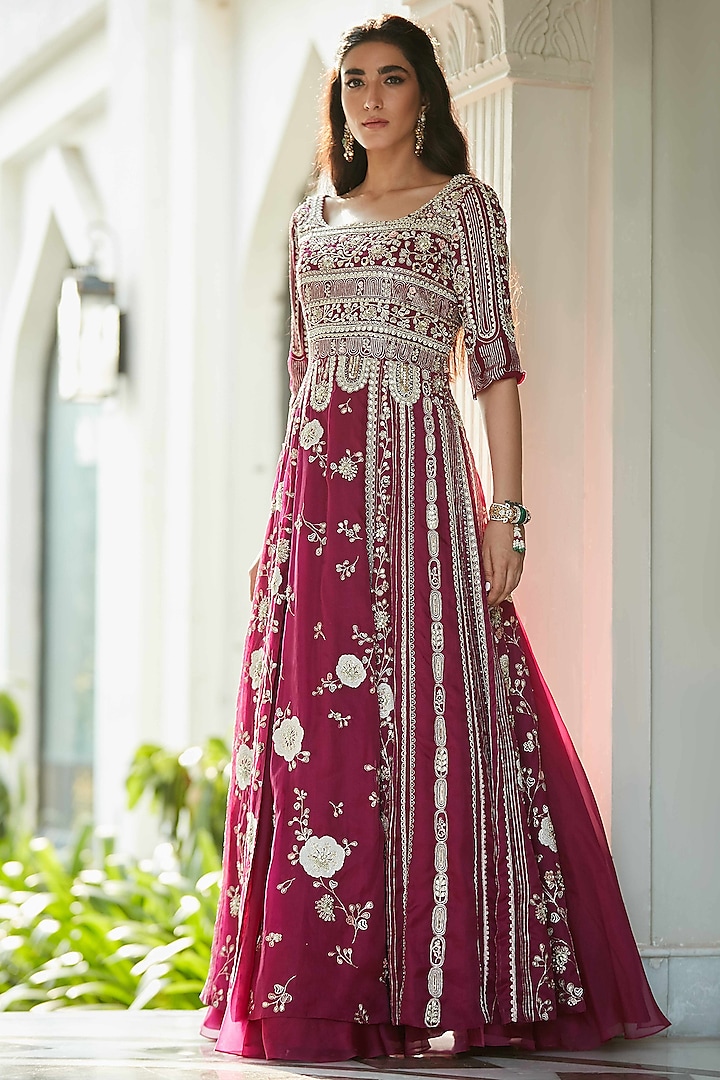 Plum Hand Embroidered Gown by OSAA By Adarsh