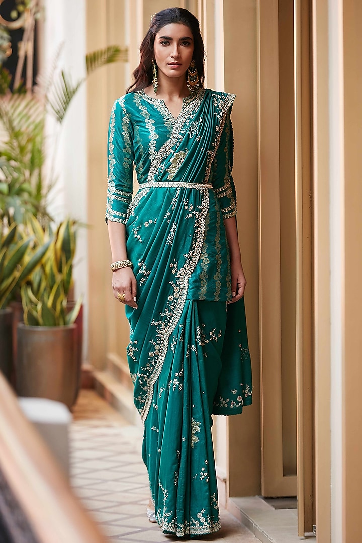 Emerald Green Hand Embroidered Saree Set by OSAA By Adarsh