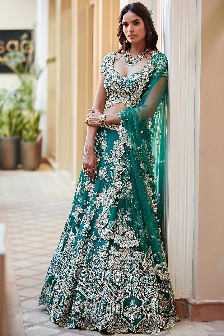 Emerald Green Hand Embroidered Lehenga Set by OSAA By Adarsh