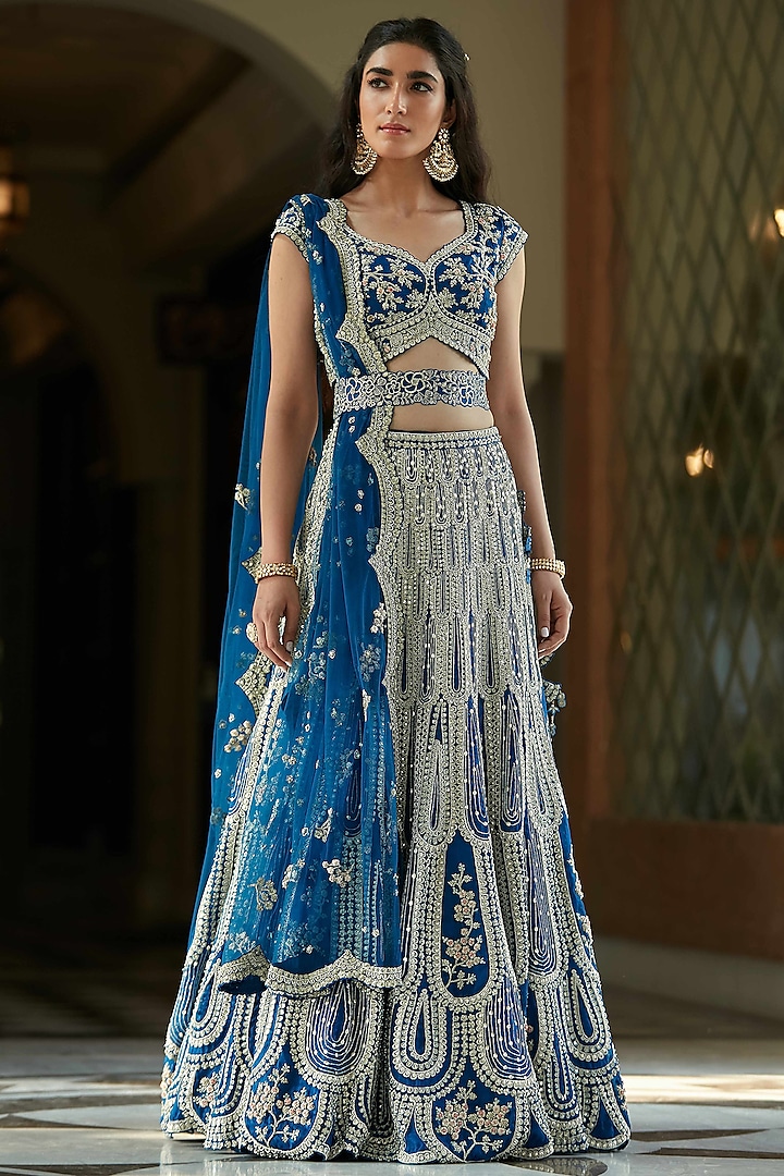 Jade Blue Hand Embroidered Lehenga Set With Belt by OSAA By Adarsh