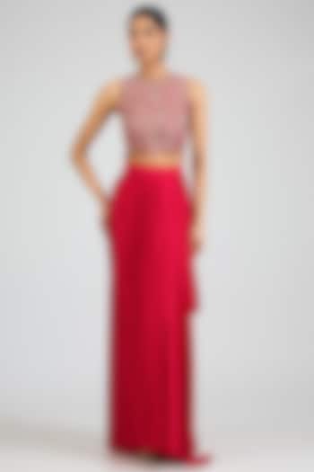 Cut Ruby Mulberry Silk Draped Skirt Set by OSAA By Adarsh at Pernia's Pop Up Shop