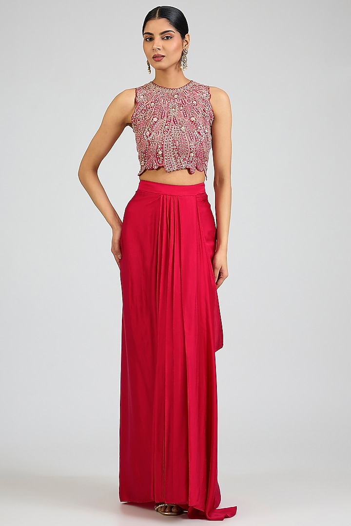 Cut Ruby Mulberry Silk Draped Skirt Set by OSAA By Adarsh at Pernia's Pop Up Shop