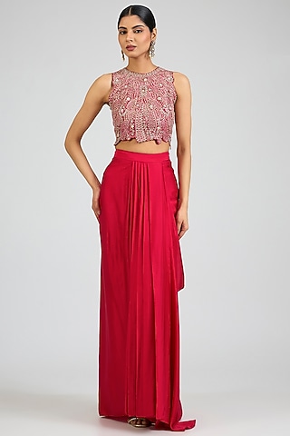Cut Ruby Mulberry Silk Draped Skirt Set by OSAA By Adarsh