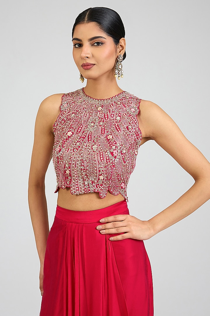 Cut Ruby Mulberry Silk Draped Skirt Set by OSAA By Adarsh at Pernia's Pop Up Shop