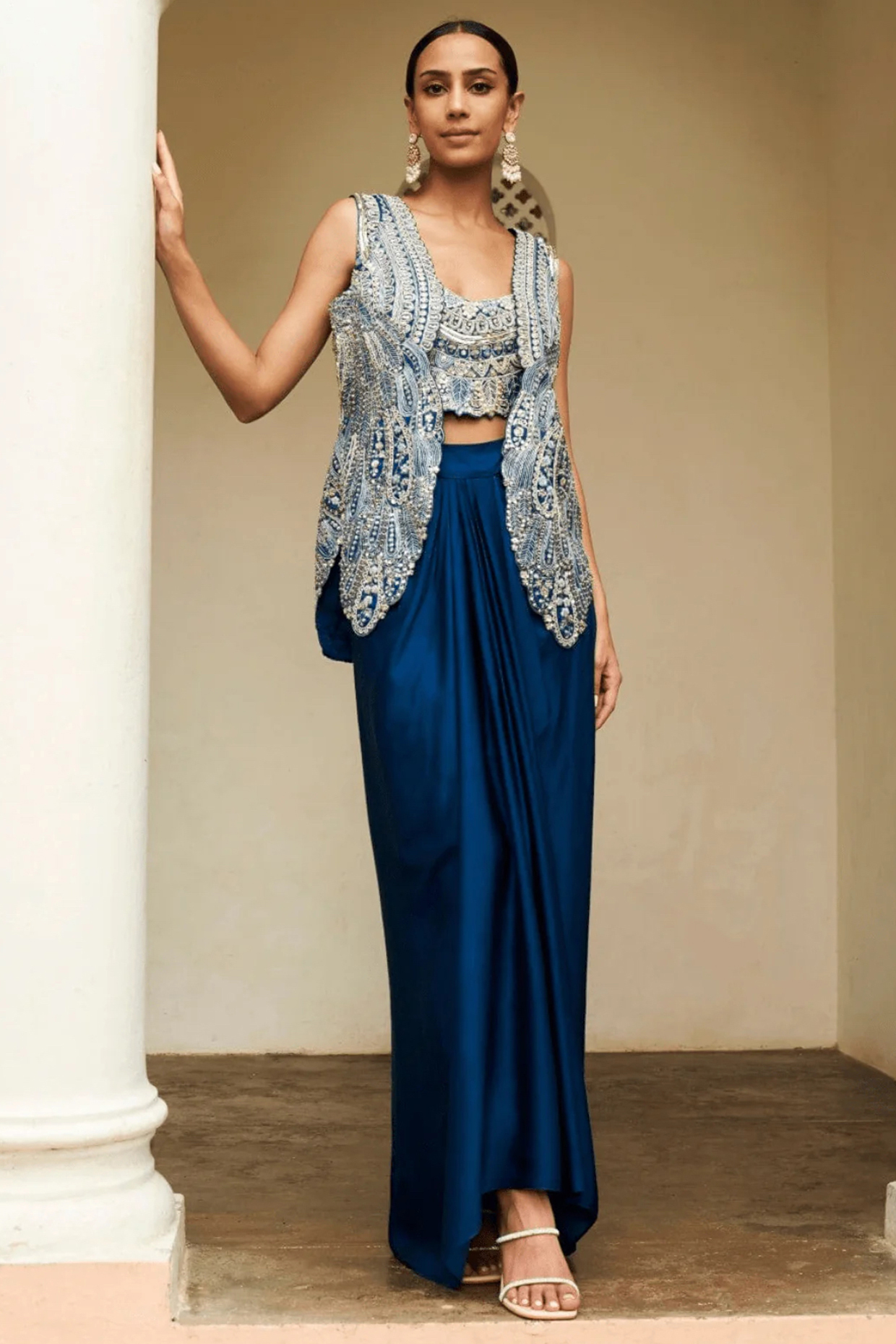 Jade Blue Mulberry Silk Embroidered Jacket Set by OSAA By Adarsh at Pernia's Pop Up Shop