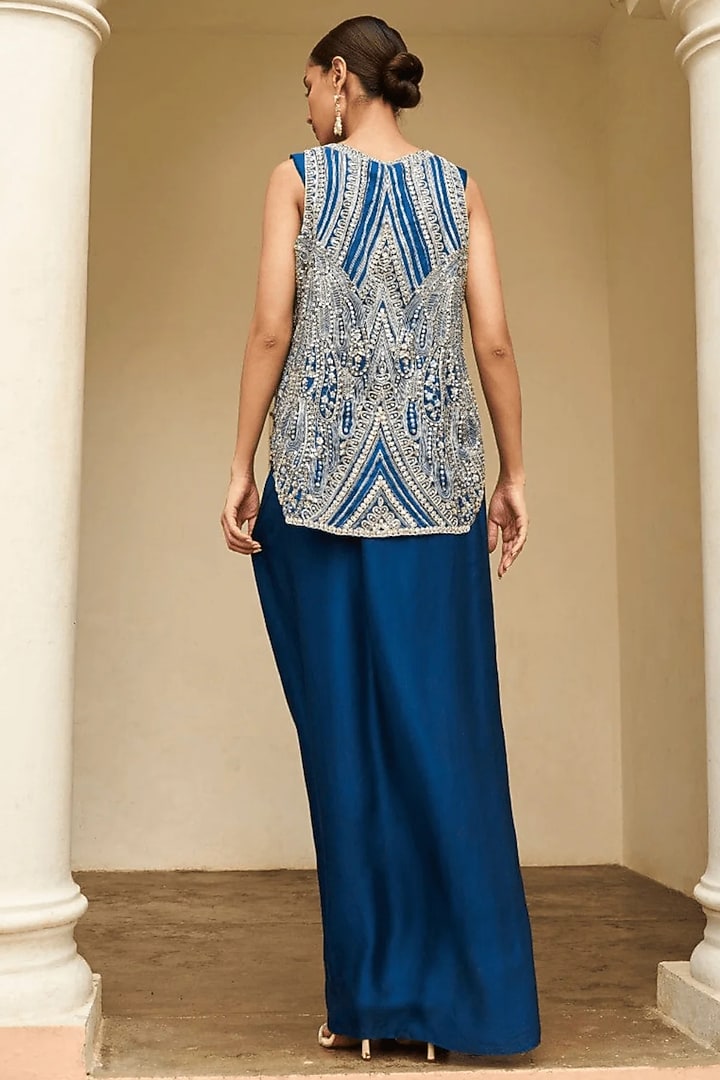 Jade Blue Mulberry Silk Embroidered Jacket Set by OSAA By Adarsh at Pernia's Pop Up Shop