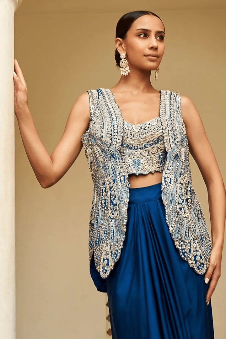 Jade Blue Mulberry Silk Embroidered Jacket Set by OSAA By Adarsh at Pernia's Pop Up Shop