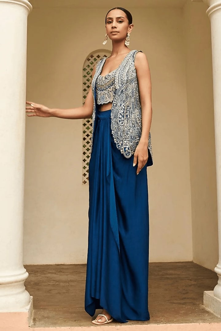 Jade Blue Mulberry Silk Embroidered Jacket Set by OSAA By Adarsh at Pernia's Pop Up Shop