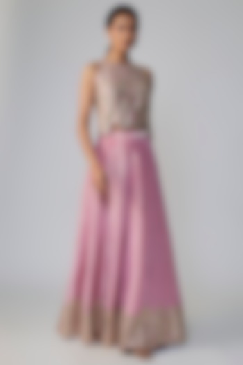 Flamingo Pink Tissue Silk Aari Embroidered Flared Pant Set by OSAA By Adarsh at Pernia's Pop Up Shop