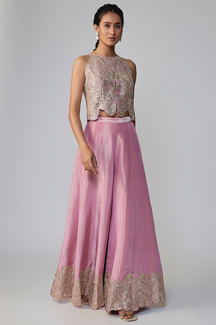 Flamingo Pink Tissue Silk Aari Embroidered Flared Pant Set by OSAA By Adarsh at Pernia's Pop Up Shop