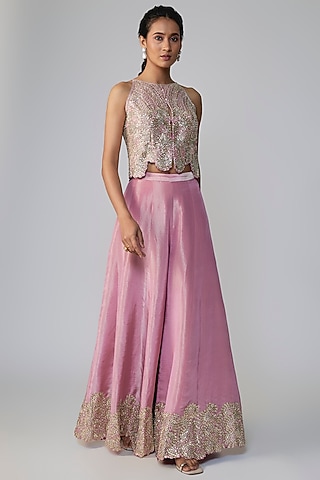 Flamingo Pink Tissue Silk Aari Embroidered Flared Pant Set by OSAA By Adarsh