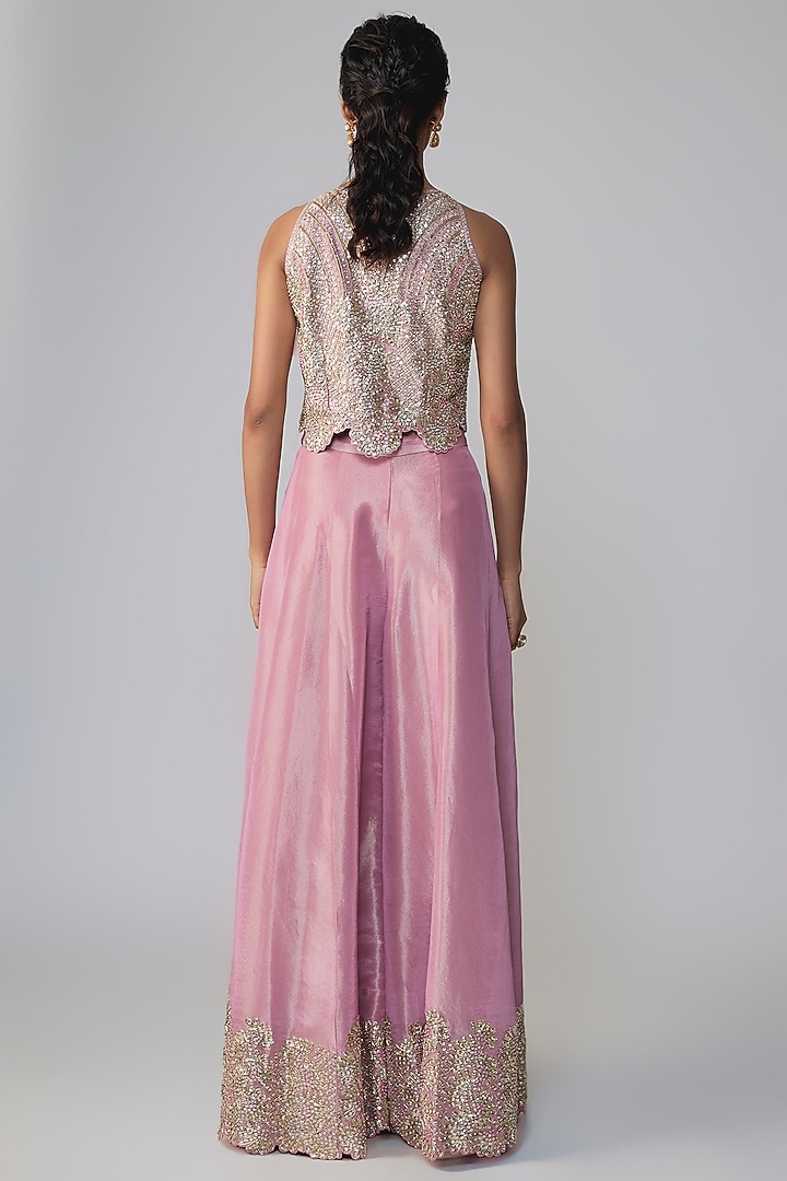 Flamingo Pink Tissue Silk Aari Embroidered Flared Pant Set by OSAA By Adarsh at Pernia's Pop Up Shop
