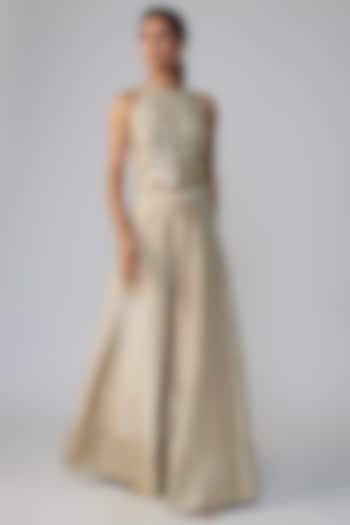 Champagne Beige Tissue Silk Aari Embroidered Pant Set by OSAA By Adarsh at Pernia's Pop Up Shop