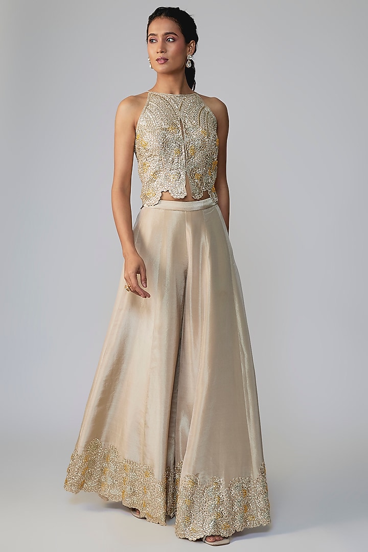 Champagne Beige Tissue Silk Aari Embroidered Pant Set by OSAA By Adarsh at Pernia's Pop Up Shop