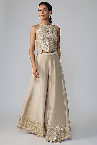 Champagne Beige Tissue Silk Aari Embroidered Pant Set by OSAA By Adarsh