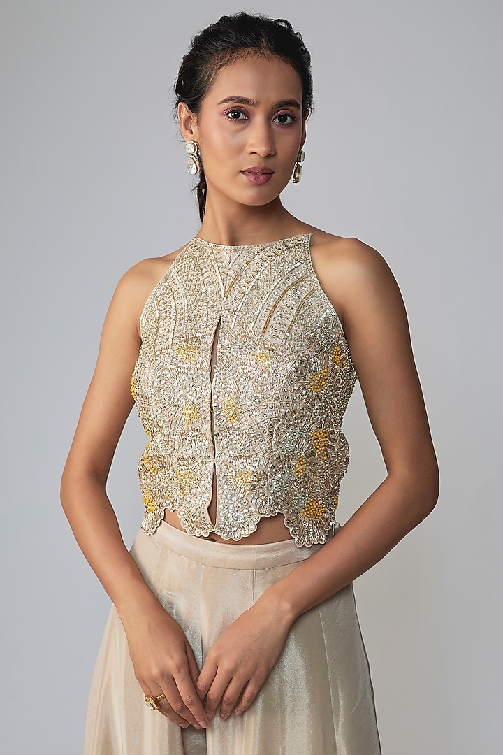 Champagne Beige Tissue Silk Aari Embroidered Pant Set by OSAA By Adarsh at Pernia's Pop Up Shop