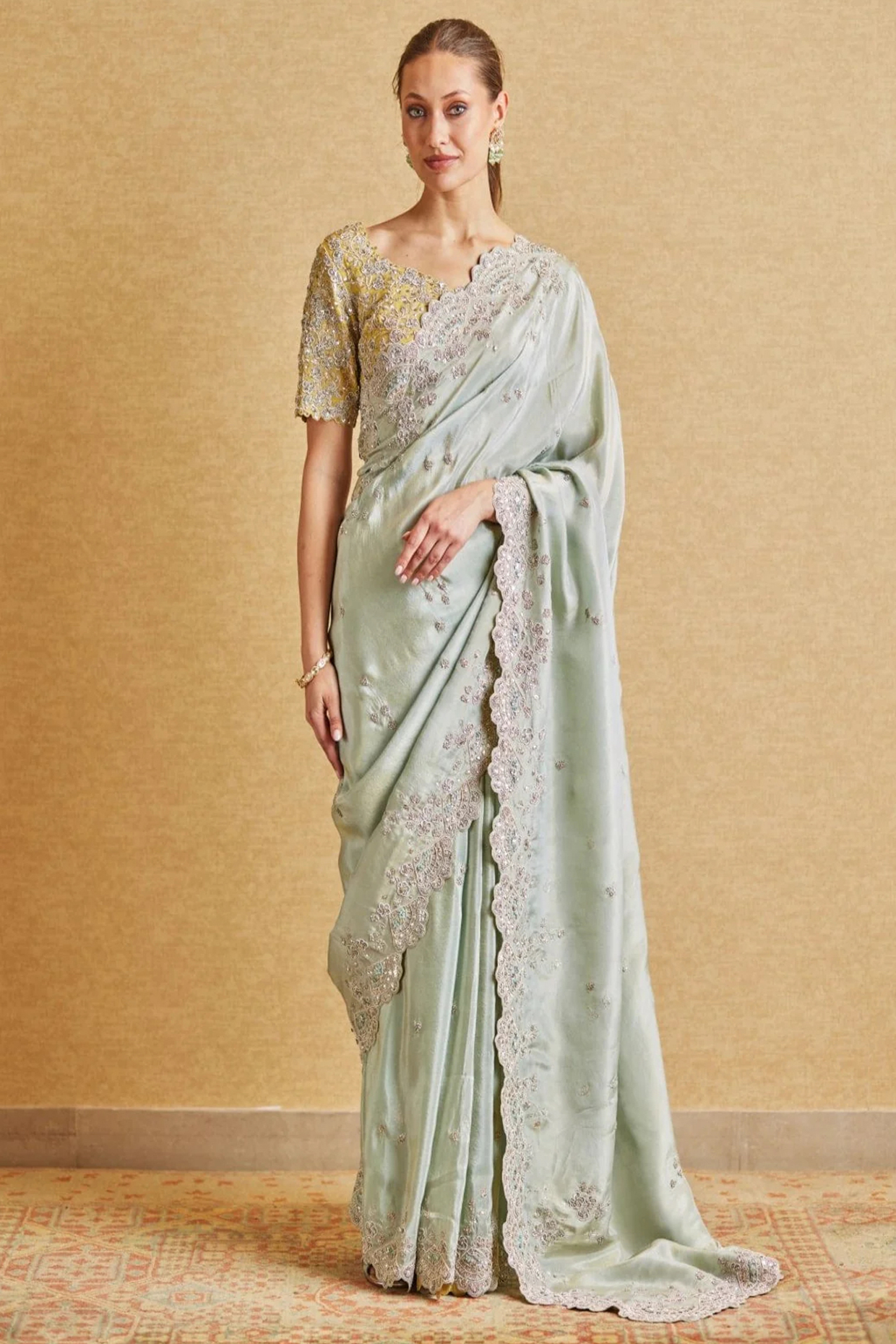 Teal Organza Embroidered Scalloped Wedding Saree Set by OSAA By Adarsh at Pernia's Pop Up Shop